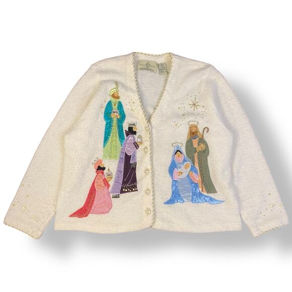 Design Options by Philip and Jane Gordon White Nativity Cardigan Sweater Size XL - Picture 1 of 6